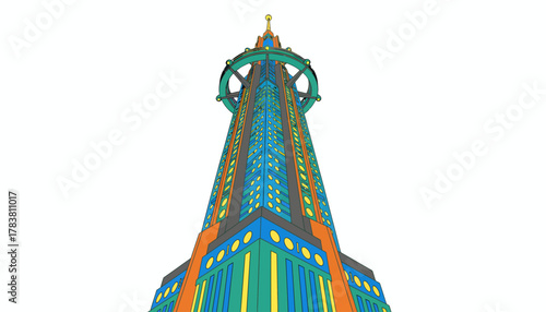 Retro-Futuristic Skyscraper Vector Illustration - Vibrant Art Deco Tower with Bold Colors on White Background