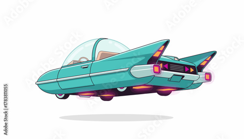 Retro Futurism Flying Car Vector Illustration - Teal Hovercar with Classic Fifties Style Tail Fins and Bubble Canopy
