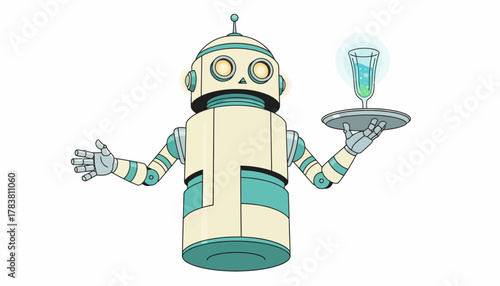 Friendly AI Service Robot Waiter Serving a Futuristic Glowing Cocktail Illustration