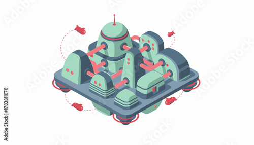 Futuristic Isometric Factory or Advanced Industrial Processing Plant Illustration with Flying Drones