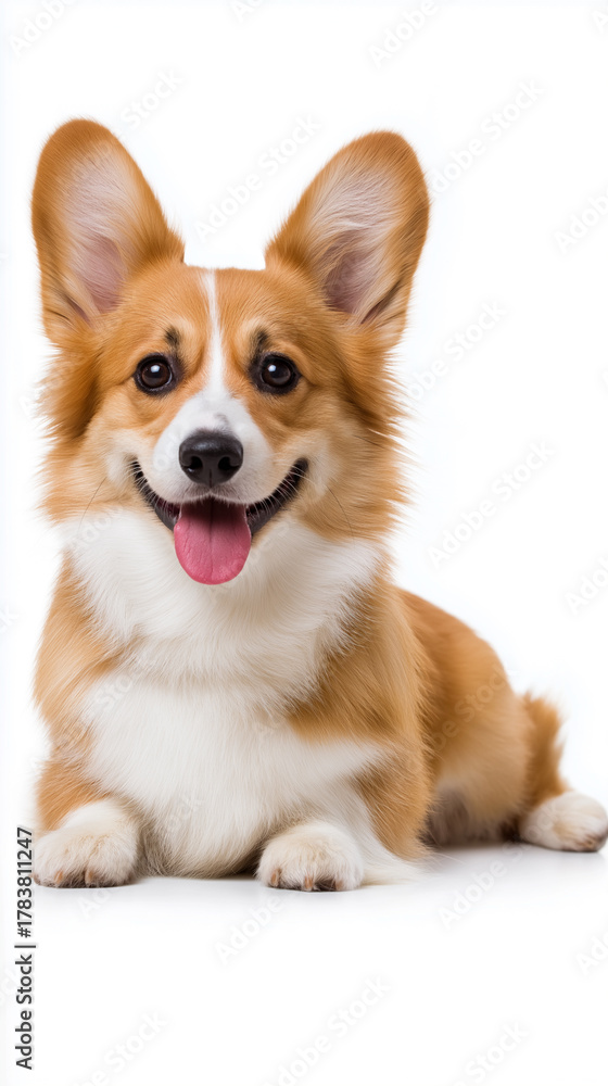 Obraz premium Happy corgi dog lying on white background looking at camera. 