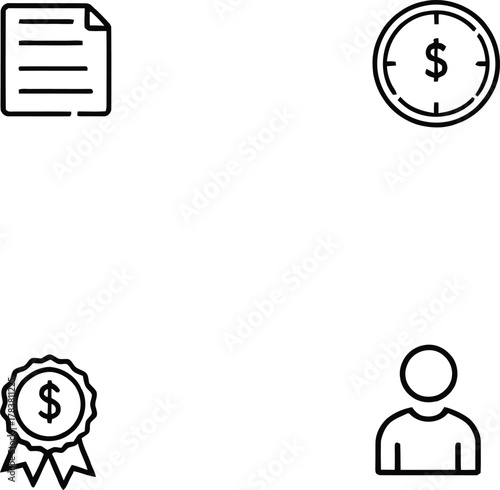 Monochrome Vector Icon Set Representing Employment and Compensation Concepts Including Contract, Time Value, Financial Reward, and Personnel