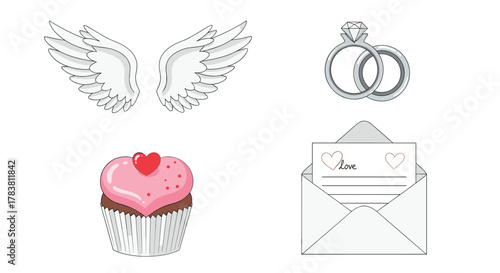Collection of romantic symbols including wings cupcake rings and love letter, Generative AI.
