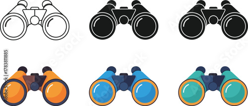 Binoculars icon set, outline, solid, and flat color series vector illustration silhouette