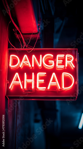 Neon red sign with text danger ahead glowing in dark corridor.
