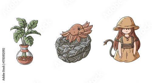 Collection of three distinct fantasy game assets including a potted plant a creature and a character, Generative AI.