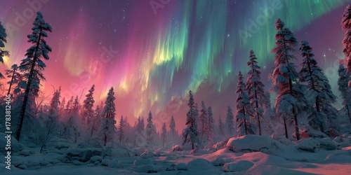Beautiful landscape at forest with aurora borealis.