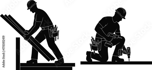 Construction workers using tools, building structure, manual labor, teamwork, industry safety, 