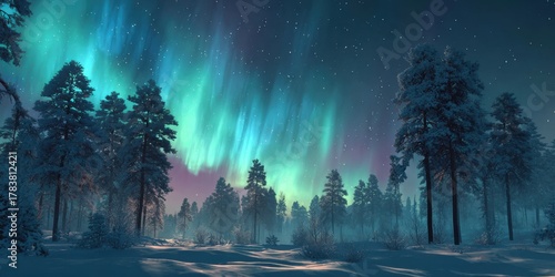 Beautiful landscape at forest with aurora borealis.