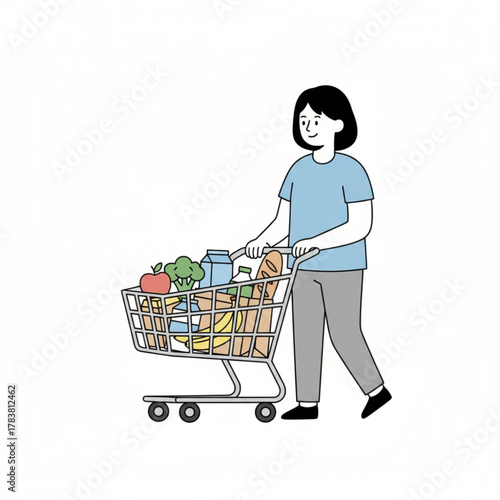 Woman Wearing Mask Grocery Shopping with Full Cart Illustration