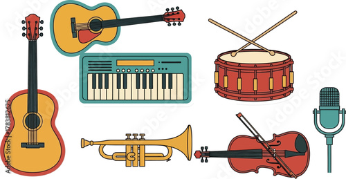 Colorful musical instrument acoustic guitars, violin with a bow, keyboard, a trumpet, a drum with drumsticks, and two microphone vector illustration icon silhouette 