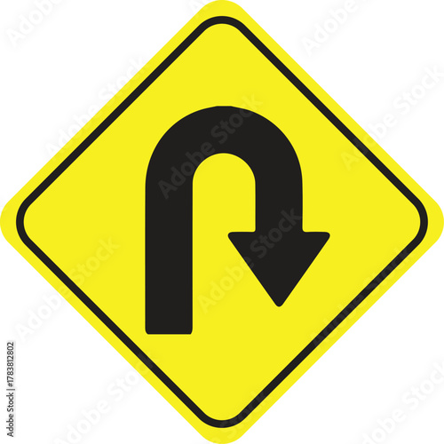 U-turn arrow road sign on yellow diamond for traffic warning icon