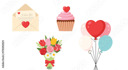 Collection of Valentines Day symbols including a letter cupcake bouquet and balloons, Generative AI.