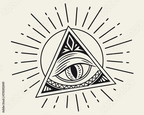 All seeing eye triangle symbol with rays of light