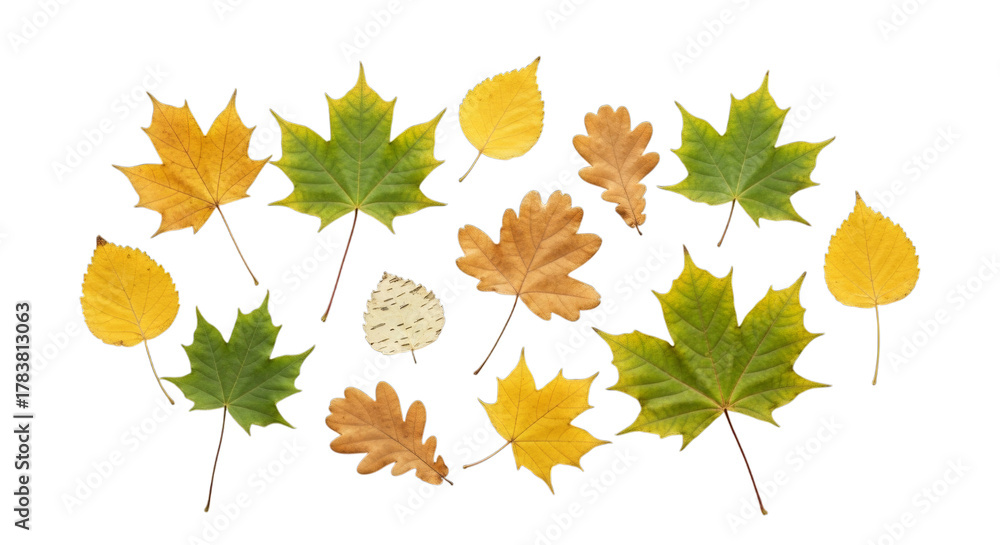 Fototapeta premium Collection of vibrant autumn leaves showcasing fall season on white background