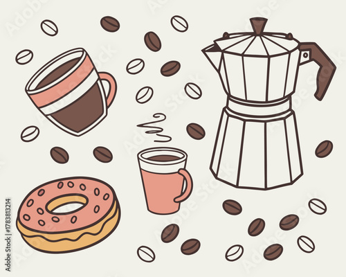 Cute coffee break with moka pot and donut