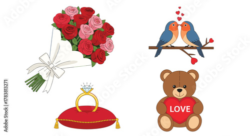 Collection of Valentines Day symbols including roses ring lovebirds and teddy bear, Generative AI.