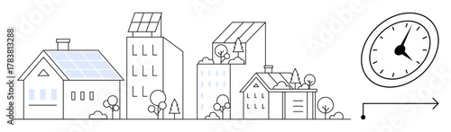 City with eco-homes, solar panels, green roofs, trees, and forward-moving clock. Ideal for sustainability, renewable energy, urban development, smart cities time management eco-friendly living