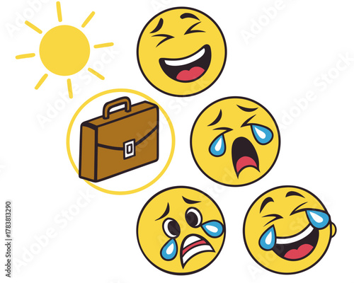 Emotions of work life with sun and briefcase