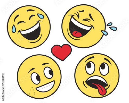 Laughing and loving emoji faces with a heart
