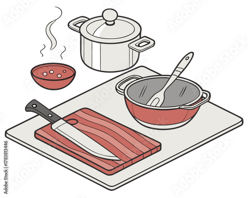 Kitchen preparation with cooking utensils and ingredients