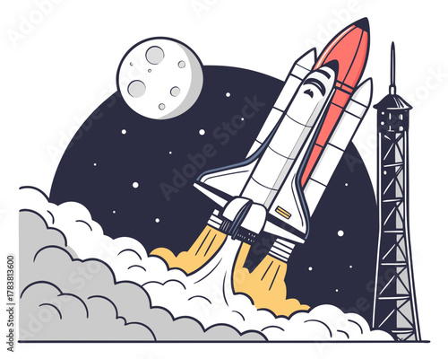 Space shuttle launching into the night sky with moon