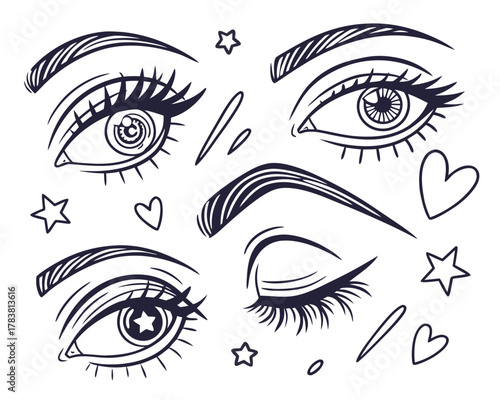 Stylized eyes and eyebrows with stars and hearts illustration