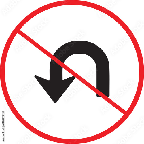 No u-turn traffic regulatory sign, black arrow, red circle