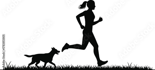 Woman jogging with dog silhouette, outdoor fitness exercise concept, pet companionship running activity vector art, cad drawing flat vector illustration design
