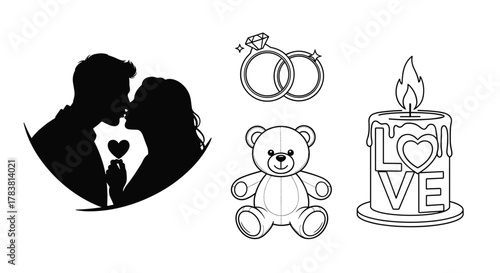 Couple Kissing Silhouette with Romantic Symbols, Generative AI.