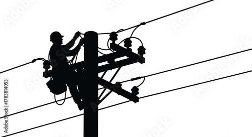 Electric utility lineman repairing power lines on pole, electrical maintenance and safety work, high voltage service and energy infrastructure vector illustration