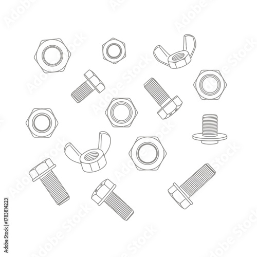 Assortment of various metal nuts and bolts for construction.