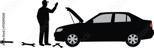 Mechanic repairing car silhouette, man checking vehicle engine with tools, auto service repair concept, maintenance worker black figure, cad drawing flat vector illustration