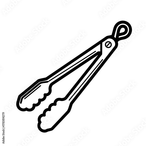Black and white illustration of kitchen tongs for cooking.