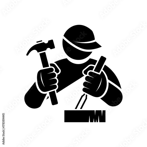 Carpenter working with hammer and chisel on wood.