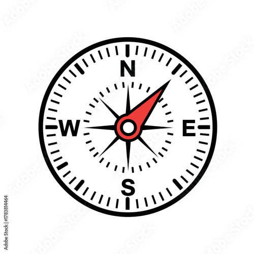 Compass pointing north direction navigation instrument guide.
