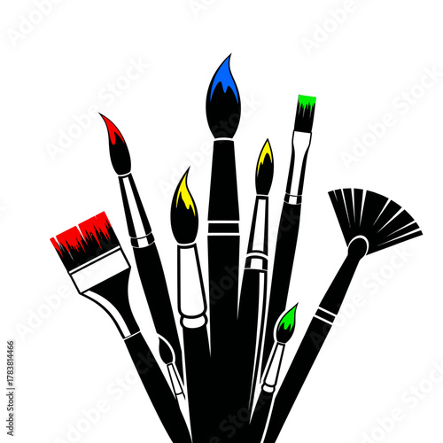 Colorful paint brushes arranged for artistic creativity and design.