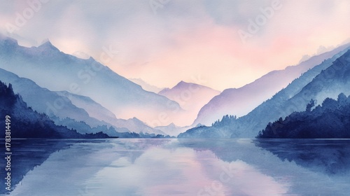 Serene Mountain Landscape with Calm Water and Soft Pink Sky in Watercolor Style