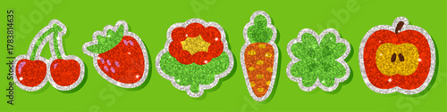 Glitter sticker collection with cherries, strawberry, flower, carrot, clover, and apple shapes. Sparkly sequin texture shines with bright light reflections. Fun retro style with vibrant glossy finish.