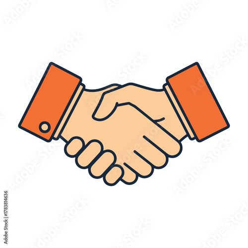 Two hands shaking with orange sleeves and dark outlines handshake agreement
