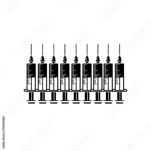 Medical syringes lined up for vaccination treatment in a row.