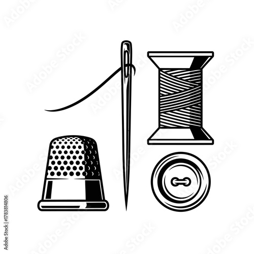 Sewing tools needle thread spool thimble and button illustration.