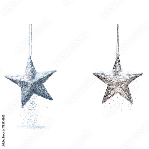 Two silver glitter stars festive christmas decorations, Sparkling silvers stars with a trail of glitter, christmas tree stars. christmas decorations
