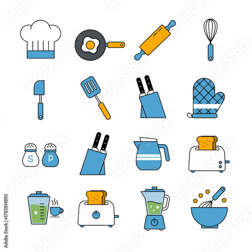 kitchen utensils and cooking tools flat line icons set