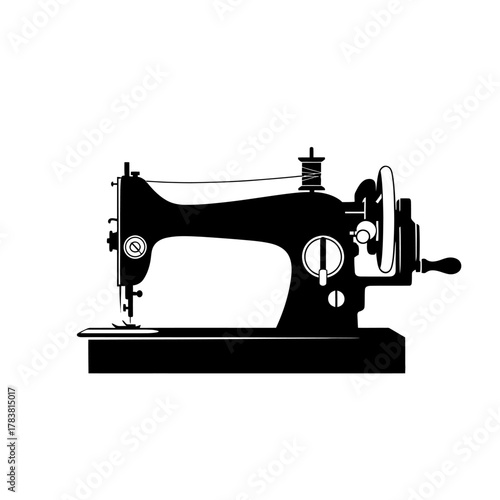 Vintage sewing machine silhouette black and white illustration.