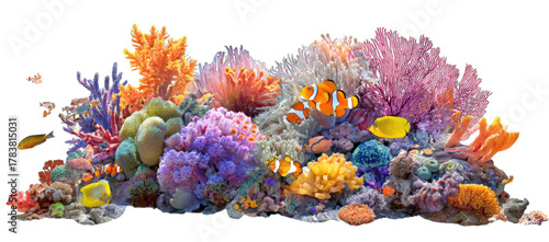 Vibrant underwater scene: A breathtaking underwater scene, teeming with life and color, showcasing a diverse coral reef. The scene is teeming with vibrant marine life and a kaleidoscope of colors. 
