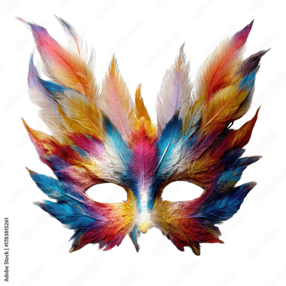 Obraz premium Colorful Mask: A vibrant mask with feathers that burst with color, a dazzling display of craftsmanship, with each feather meticulously crafted and the color creates eye-catching, unique and alluring.