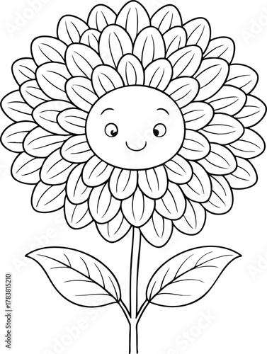 Smiling chrysanthemum flower line art illustration for kids coloring book page