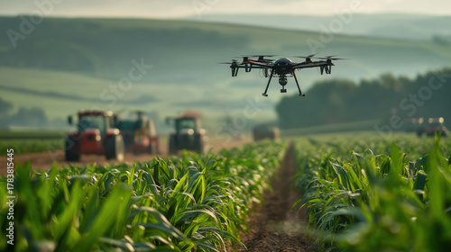 Agriculture drone hovering above green crop field with tractors in background, modern precision farming technology concept