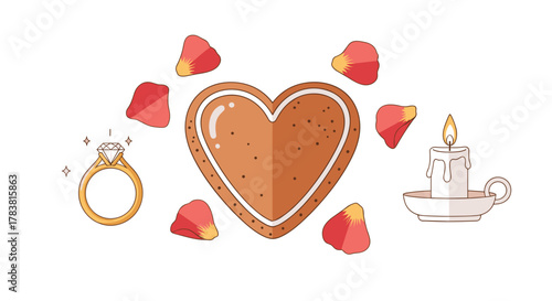 Heart shaped cookie with engagement ring and candle for romantic celebration, Generative AI.